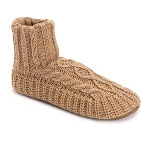 Muk Luks Bootie Slipper Womens L/XL 8-10 Tan Cable Knit Faux Fur Lined